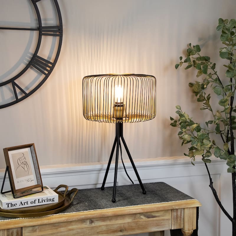 Iron Table Lamp with Wire Cylinder Shade - 19.5" - Black and Gold - 19.5
