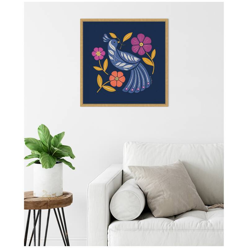 Kate and Laurel Sylvie Boho Folk Art Bird Blue and Gold Framed Canvas by Carey Copeland