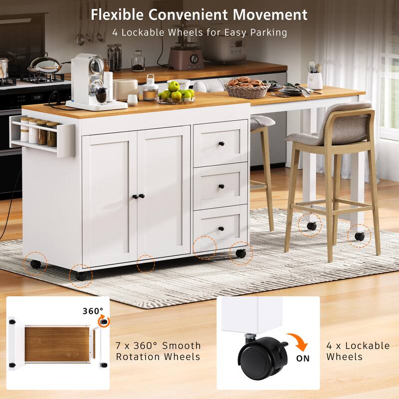 Roomfitters 74.8" Rolling Kitchen Island with Extendable Dining Table, Mobile Cart with Power Outlet, 3 Drawers & Racks