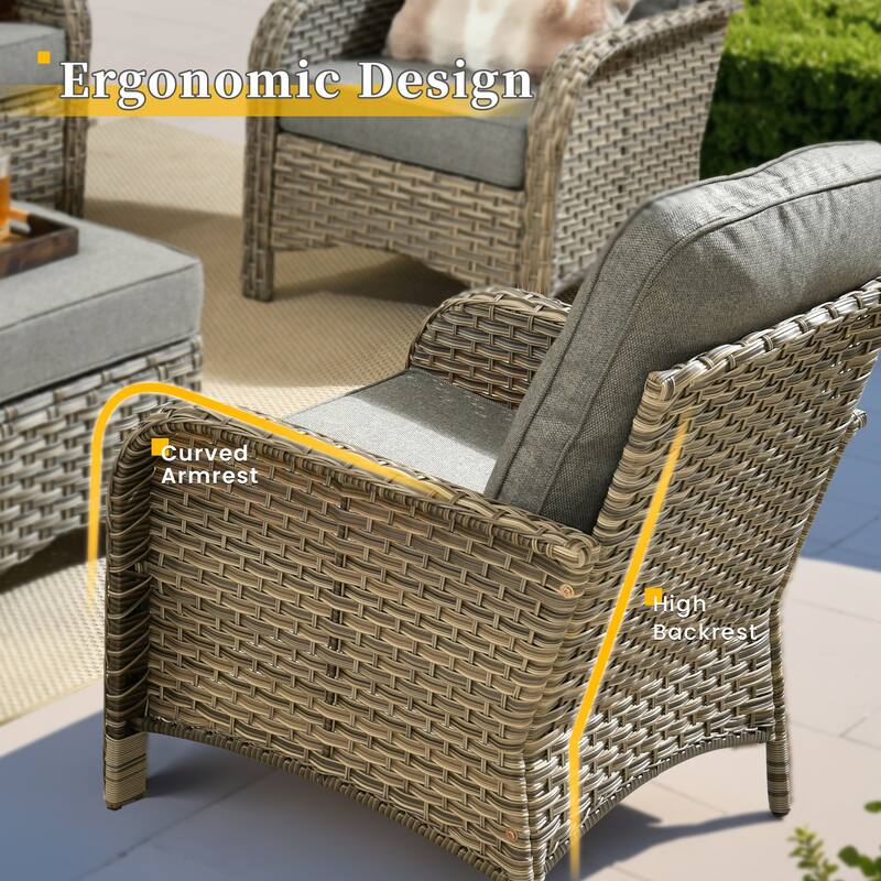 HOOOWOOO 9-piece Outdoor Wicker Patio Furniture Swivel Rocking Chair Set with Fire Pit