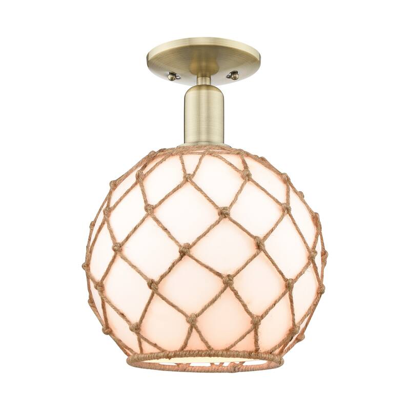 Innovations Lighting 716-1C-14-10 Farmhouse Rope Semi-Flush Farmhouse - Antique Brass / White Glass with Brown Rope