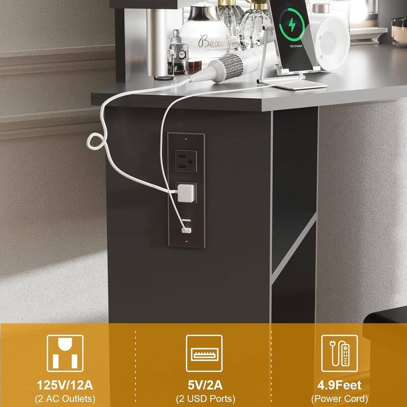 Makeup Vanity Desk with Lights & Power Outlet, Corner Vanity Table with 5 Rotating Drawers