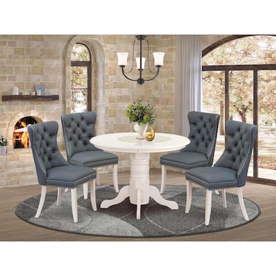 East West Furniture Kitchen Table Set Consists of a Round Dining Table and Upholstered Chairs, Linen White (Pieces Options)