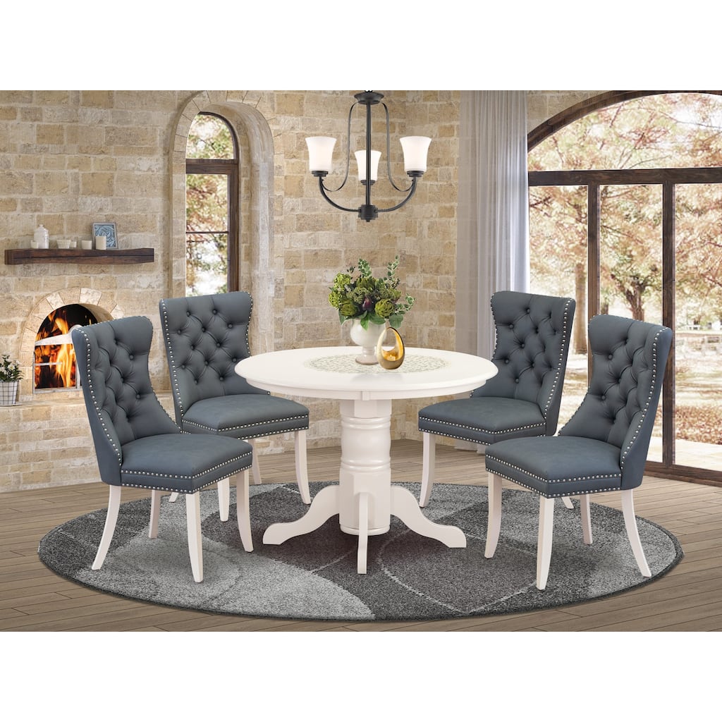 East West Furniture Kitchen Table Set Consists of a Round Dining Table and Upholstered Chairs, Linen White (Pieces Options)