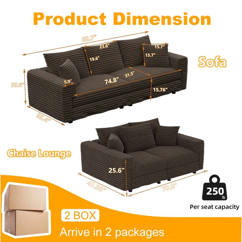 Plush Corduroy Upholstered 3 Seat Sofa , Convertible Deep Seat Lounge Sofa Chair, Cloud Sofa with 5 Soft Pillows