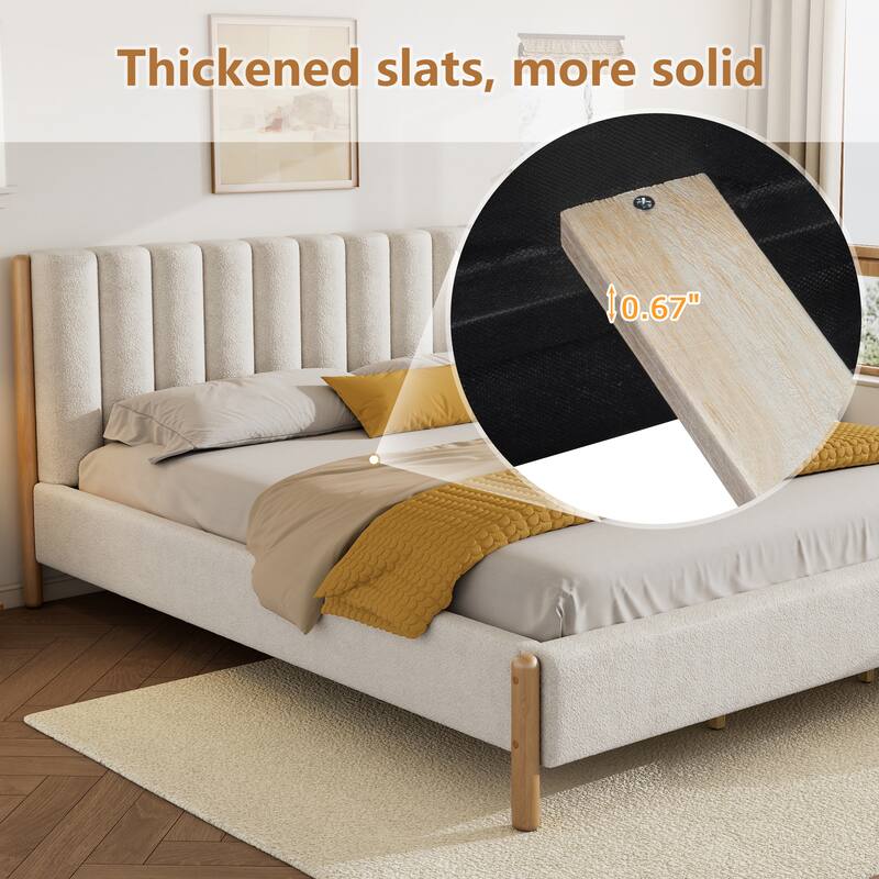 Christopher Knight Home - Elias Boucle Upholstered Bed Frame with Thick Headboard & Solid Wood Legs