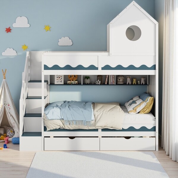 Twin Over Twin Plywood & MDF Bunk Bed with House Design