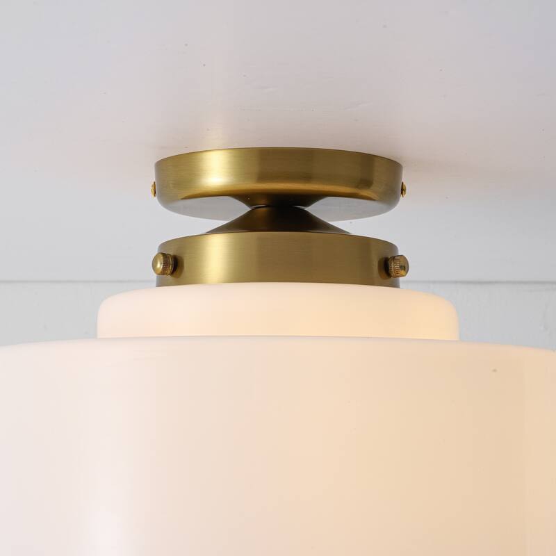 1-Light Mid-Century Modern Gold Brass Finish Semi-Flush Mount Ceiling Light with Milk Glass Shade for Bedroom, Kitchen