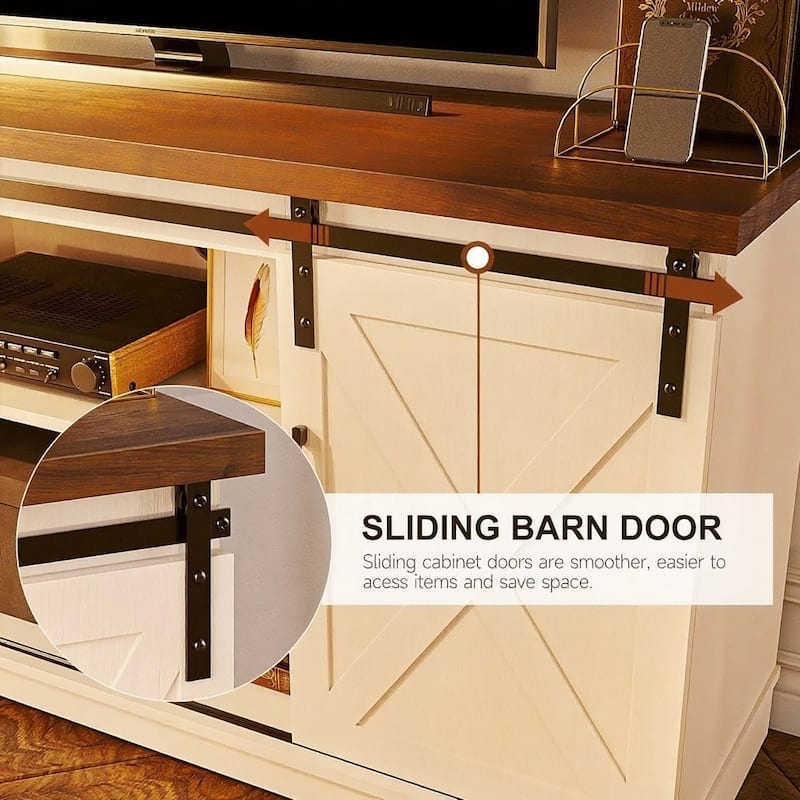 Farmhouse TV Stand for 65 Inch TVs, with Sliding Barn Doors