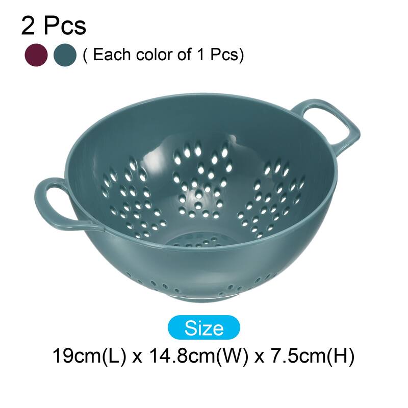 Kitchen Colander with Handle 2Pcs, Rice Washing Strainer Fruit Drainer - Light Blue+Purple - 19cm x 14.8cm x 7.5cm