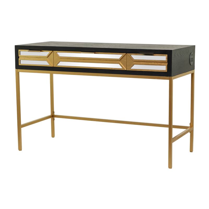 Black Wooden 3 Drawers Desk with Mirrored Front and Outlet