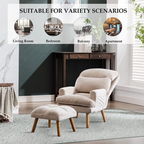 Mid Century Chair INZOY Accent Chairs With Ottoman, Velvet Fabric Armchair Ottoman Bedroom Living Room Mid Century Modern Chair Adjustable Backrest Side Pockets Beige Best Selling Accent Chairs