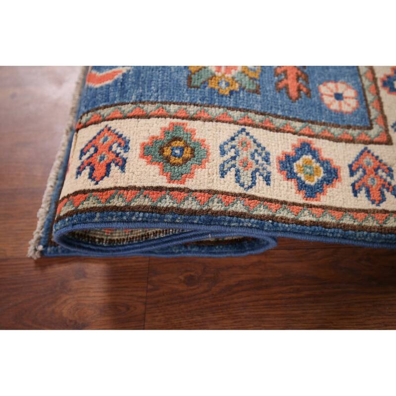 Geometric Kazak Foyer Rug Hand-Knotted Blue Wool Carpet - 2'0" x 3'0"