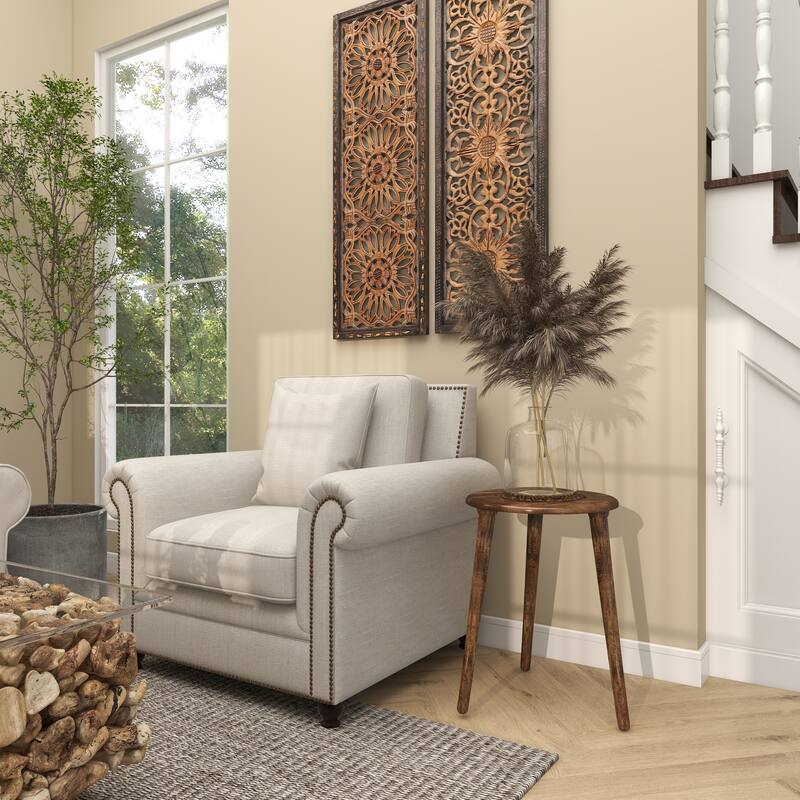 Mango Wood Handmade Intricately Carved Floral Accent Table with Tripod Legs - Dark Brown, White, Brown