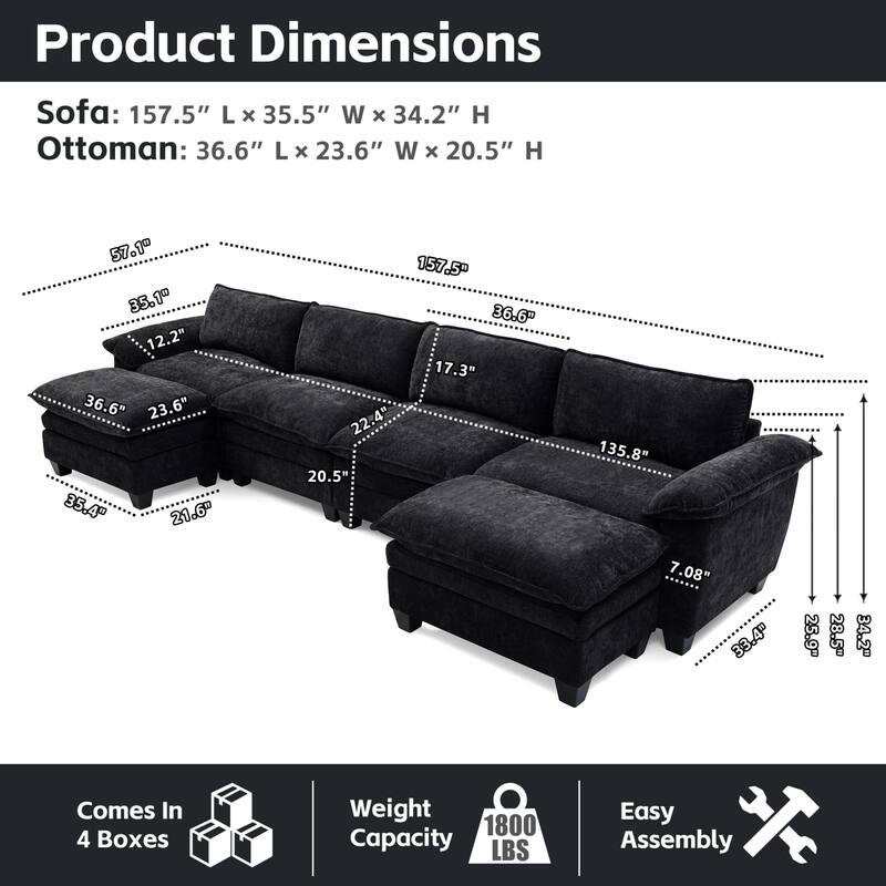 Roomfitters Large Modular 4-Seater Sofa with 2 Ottomans, U-Shaped Sectional Couch for Living Room