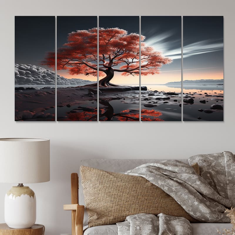 Designart "Tree Monochrome Essence Of Light" Floral Multipanel Canvas Wall Art set - 60 In. Wide X 28 In. High - 5 Panels Equal Panels