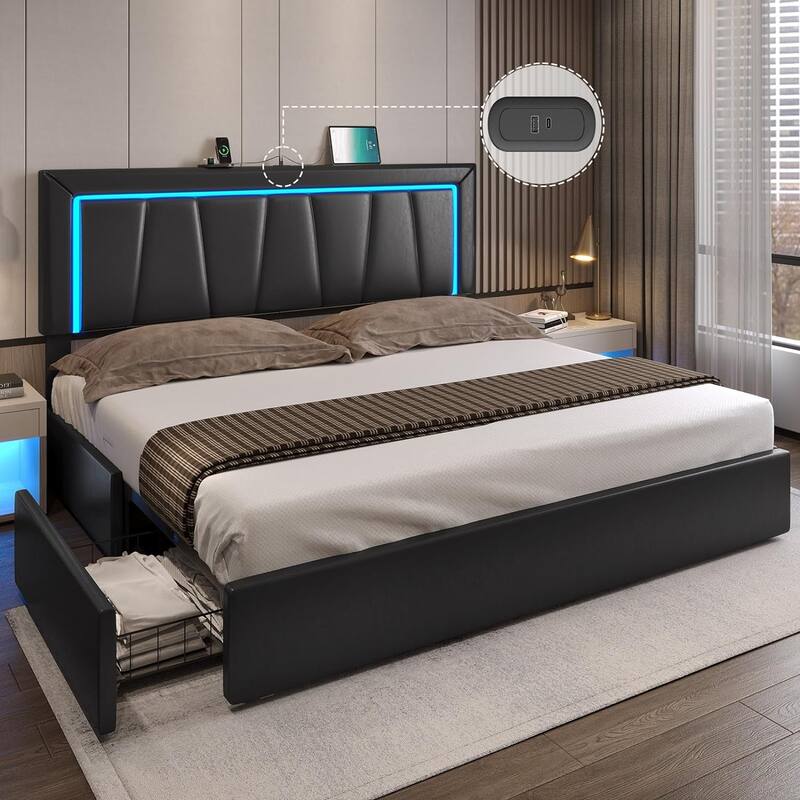 Bed Frame with 4 Storage Drawers1 USB /Type-C Charging Station