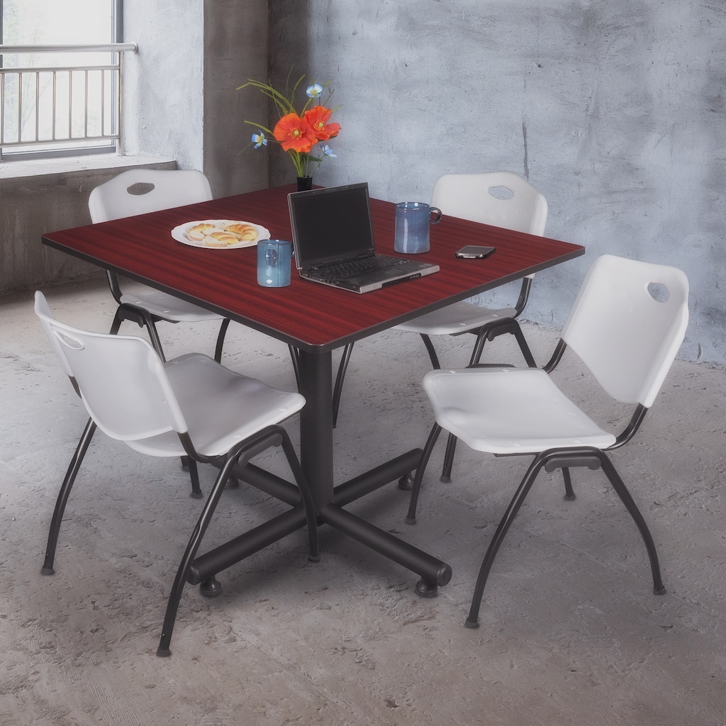 48" Square Breakroom Table- Mahogany & 4 'M' Stack Chairs- Grey - Mahogany, Grey - 48