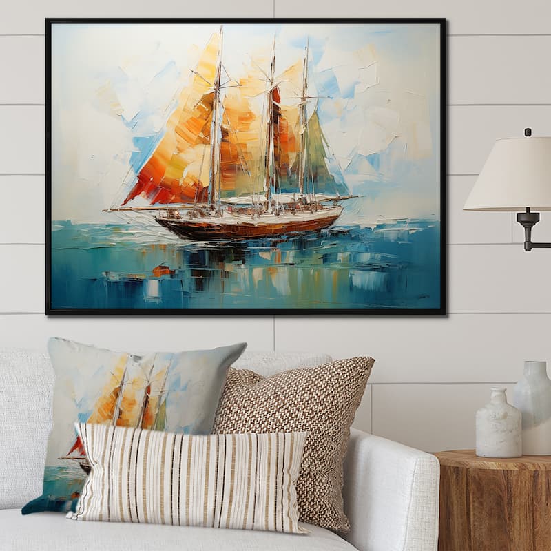Designart "Moonlight Saiboat Horizon I" Boat Sailing Orange Wall Decor - Modern Entryway Framed Wall Art - 20 in. wide x 12 in. high - Black