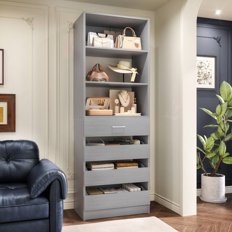 21.3" Storage Cabinet Bookshelf with Charging Station and 3 Wood Drawers, Freestanding Closet System with Storage Shelves
