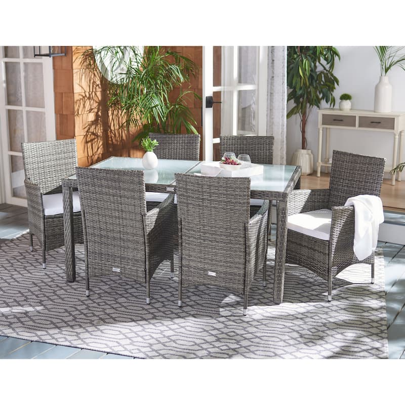 SAFAVIEH Outdoor Snezhana 7-Piece Wicker Dining Set - 59Wx35Dx29H - Grey Brown/White Cushion