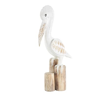 Wood Pelican Handmade Distressed Decorative Sculpture with 3 Brown Posts - White - Roche River Decor
