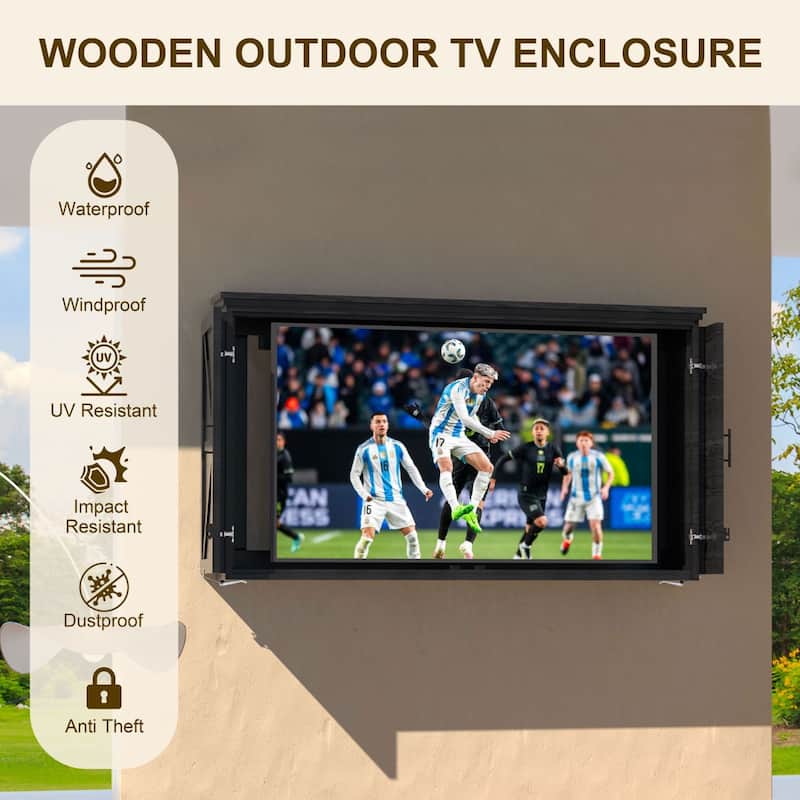 VEIKOUS Outdoor TV Enclosure Weatherproof, Wooden TV Cabinet with Collapsible Sliding Doors,