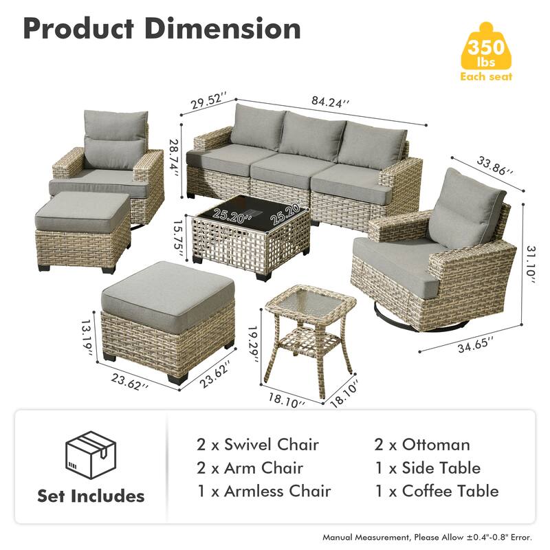 OVIOS 9 Pieces T shaped Swivel Chair Set With Solar-Powered Coffee Table