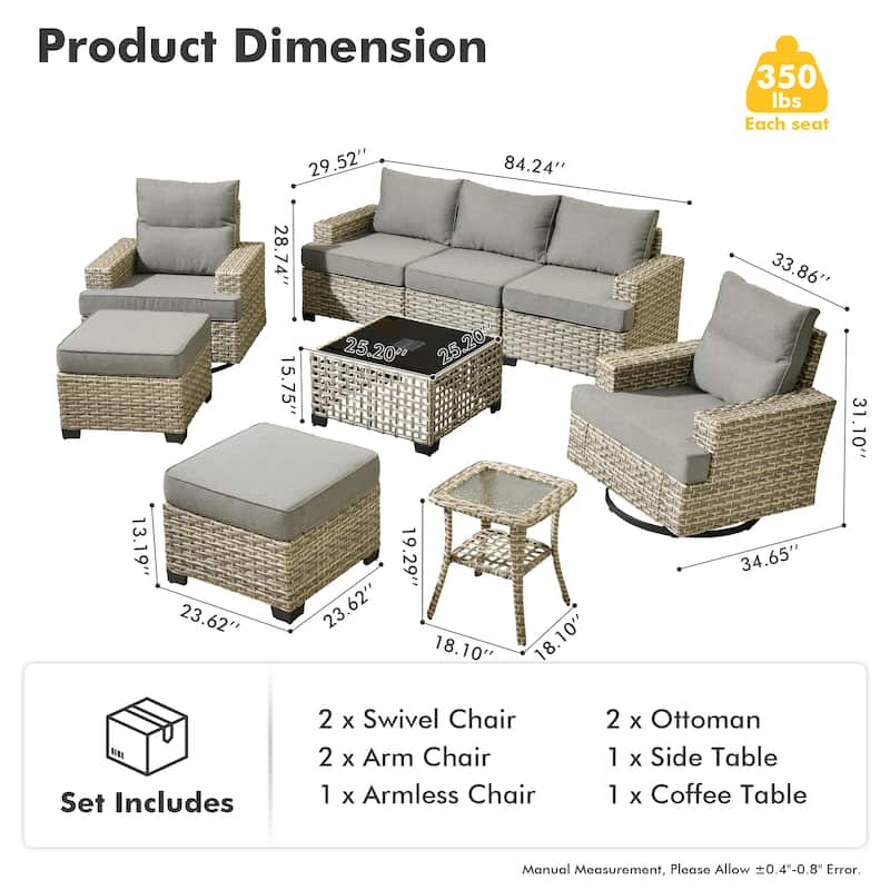 OVIOS 9 Pieces Wide Arm T shaped Seat Curved Swivel Chair Set With Solar-Powered Table