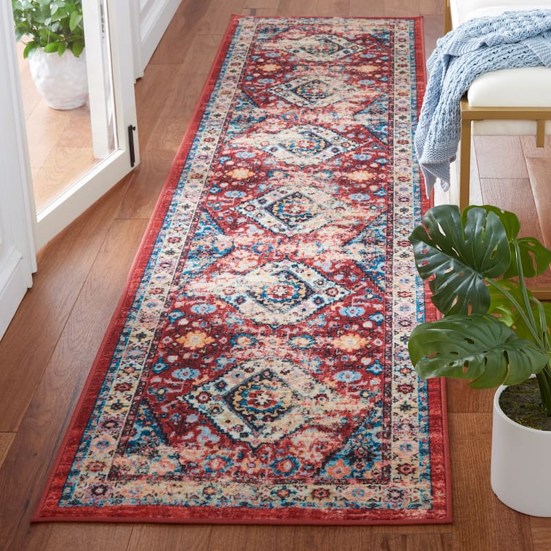 SAFAVIEH Riviera Machine Washable Slip Resistant Vertie Oriental Rug - 2'2" x 9' Runner - Red/Blue