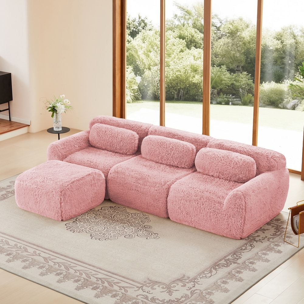 L-shaped Soft and Fluffy Plush Fabric,Boneless Sofa,Anti-Slip Design Buckle Connection,Movable Ottoman