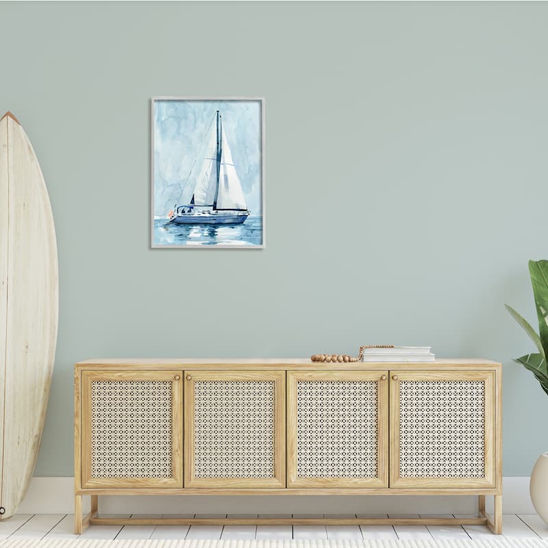 Stupell Nautical Blue Sailboat Tranquil Coastal Water Watercolor Painting Framed Wall Art - White