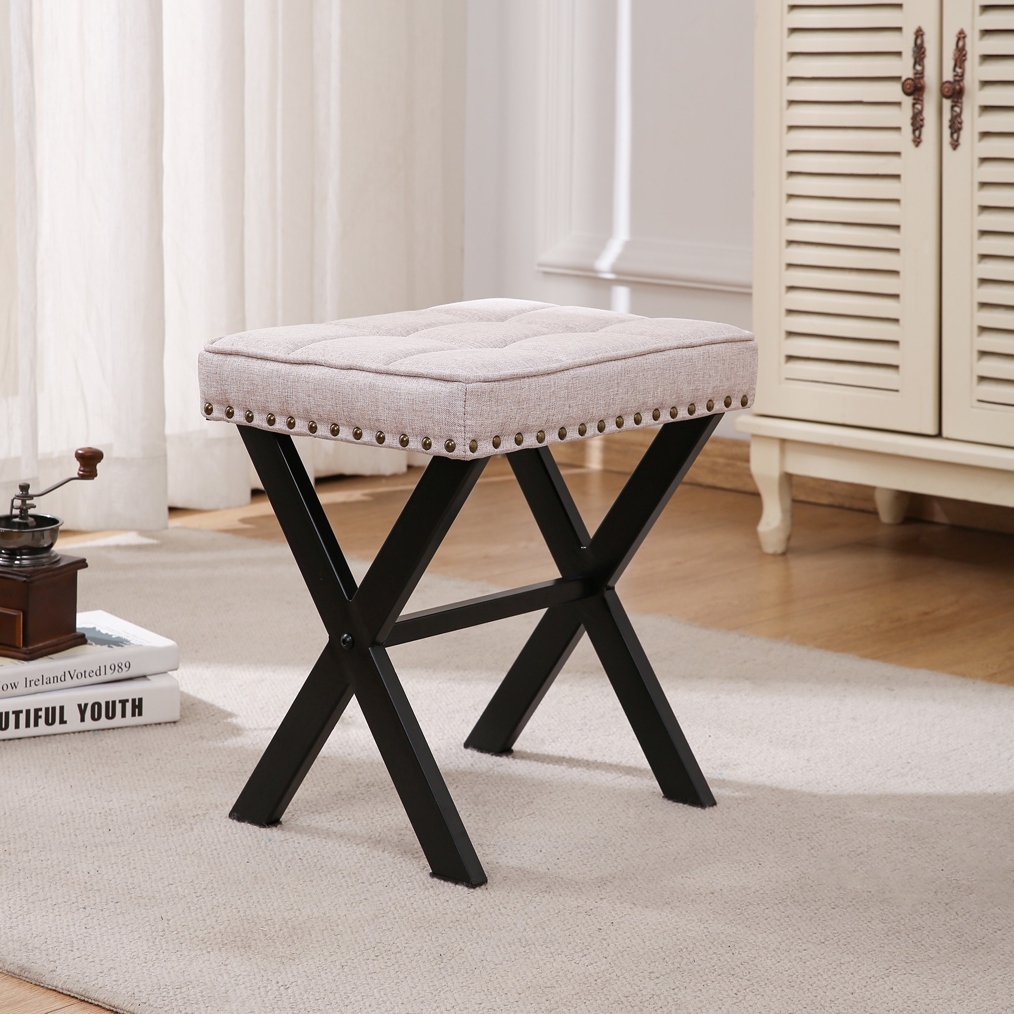 Fabric Upholstered Bench Ottoman Footstool Seat with X Shaped