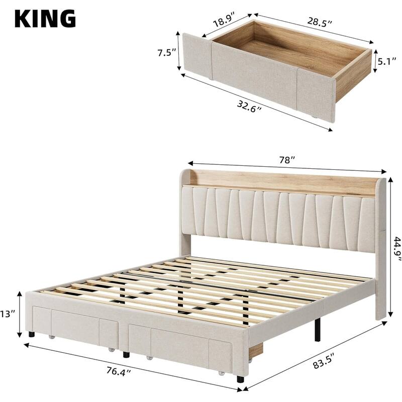 Upholstered Platform Bed with Storage Headboard, Drawer & Charging Station, Wood Slat Support