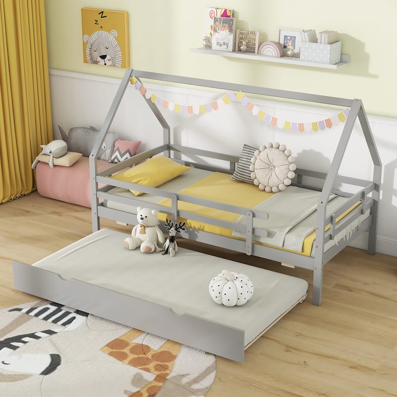 Gymax Twin Size House Bed w/ Trundle Wooden Kids Bed w/ Safety Rails &