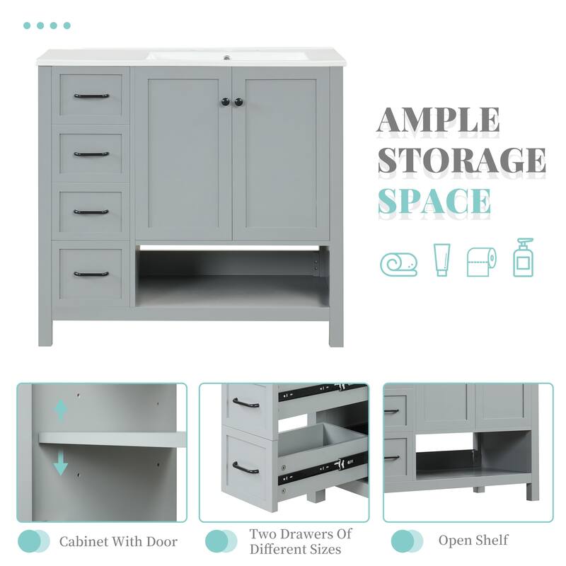 Freestanding Storage Cabinet Bathroom Vanity with Drop-In Sink, Ceramic Top, 2 Doors, 2 Drawers and Open Shelf