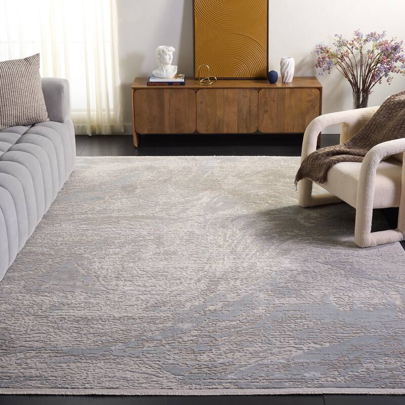 SAFAVIEH Platinum Alexina Modern Abstract Fringe Viscose Rug - 9' x 12' - Grey/Ivory Beige