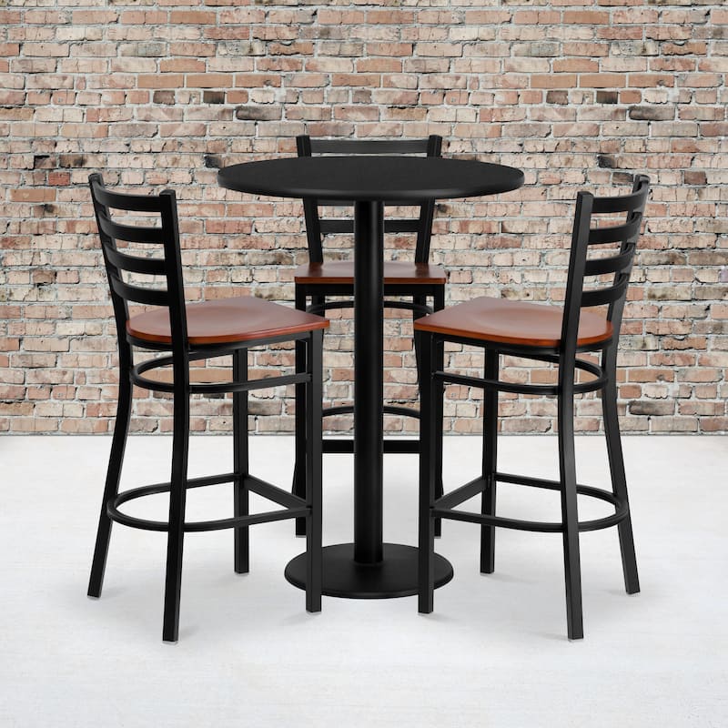 30" Round Laminate Table Set with 3 Metal Barstools - Cherry Wood Seat