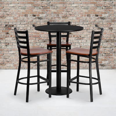 30" Round Laminate Table Set with 3 Metal Barstools - Cherry Wood Seat