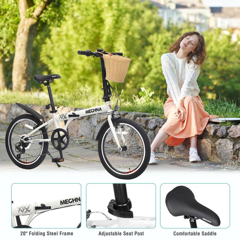 20 Inch Folding Bike for Adults with Basket,Phone Holder & Fenders,Steel Frame 6-Speed City Commuter, Dual V-Brake Portable