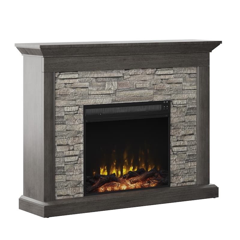 Rustic Wall Mantel Electric Fireplace with Faux Stacked Stone Surround