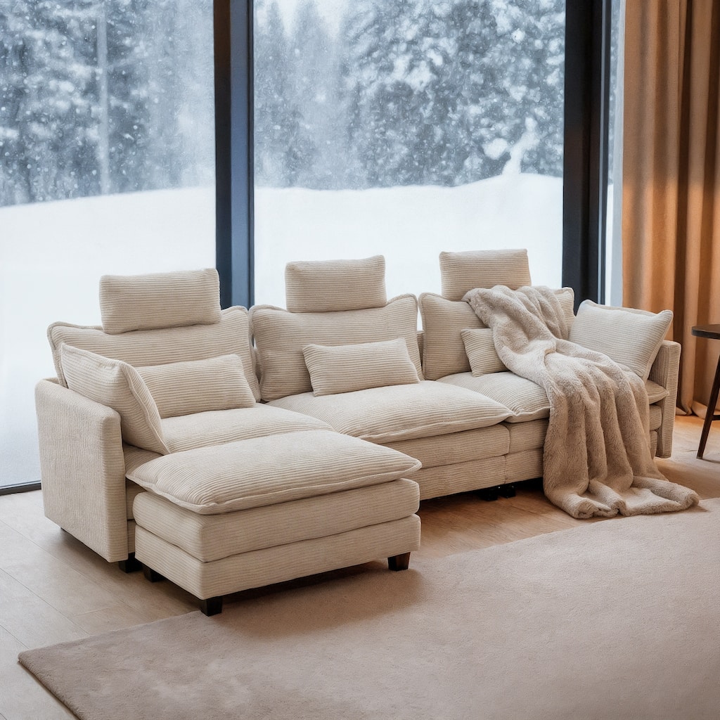 Modern Cream Corduroy 4-Seater Sectional Sofa with Adjustable Headrests, Pocket Spring Seats & Chaise Lounge