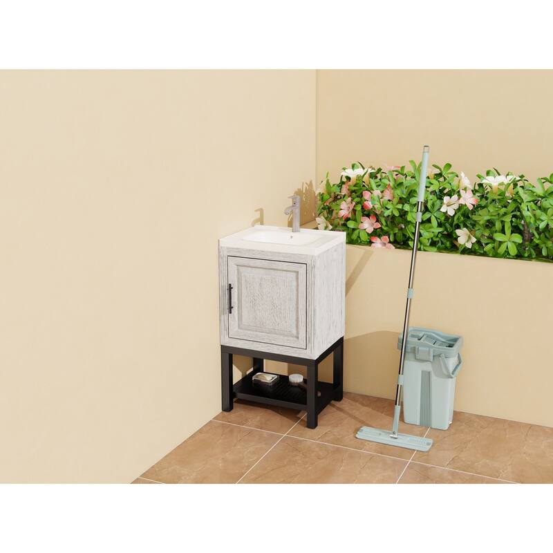 GDFStudio - CompactLine Modern Freestanding Bathroom Vanity with Ceramic Sink and Open Metal Shelf - 20 Inch