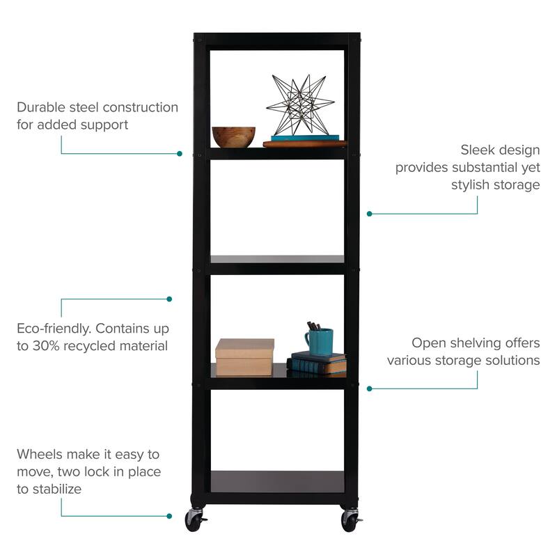 Office Dimensions 72" High Rolling 5 Shelf Bookcase, Industrial Metal, White