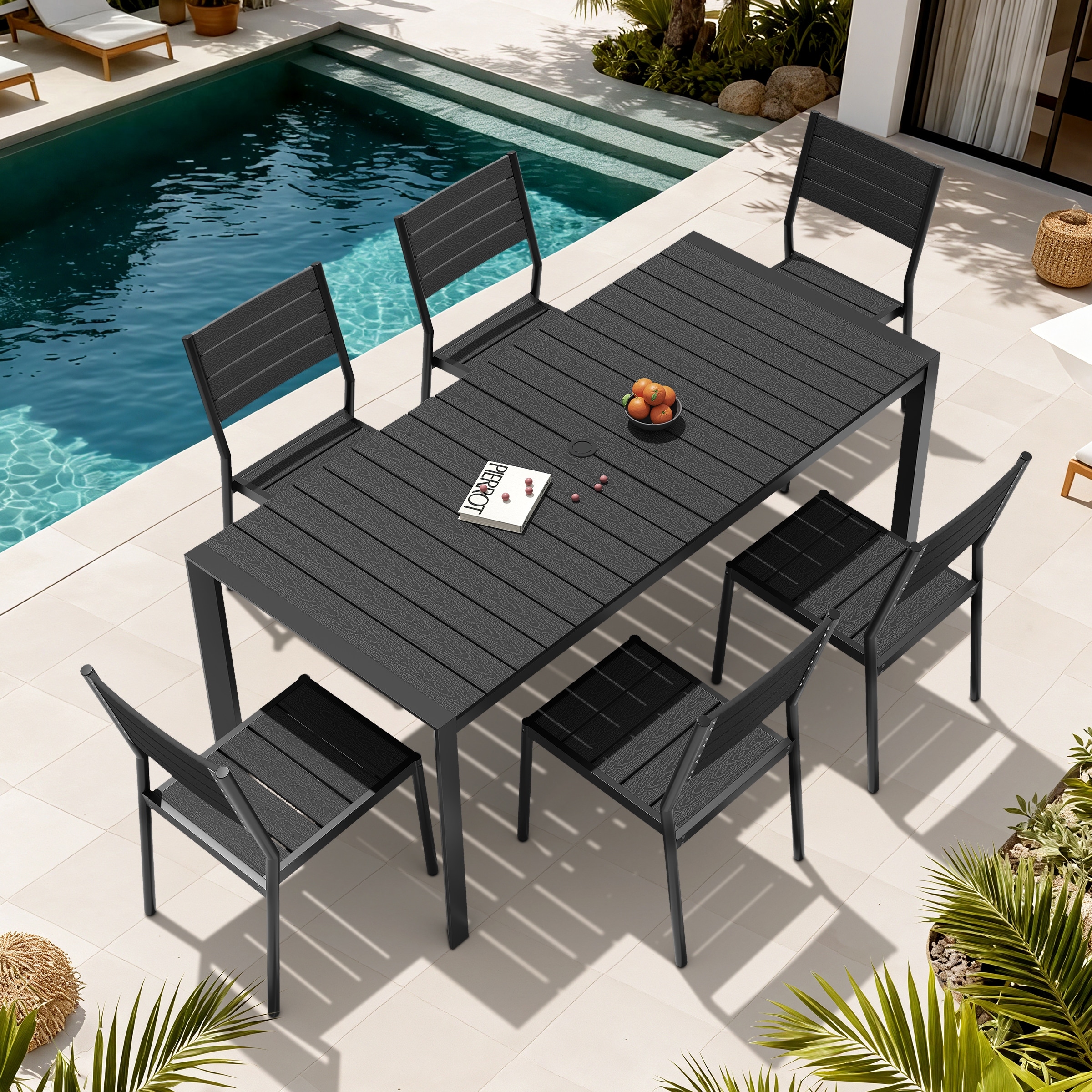 7-Piece Outdoor Patio Dining Set Wood Like Table Top Aluminum Rectangular Umbrella Hole Table with Stackable Chairs