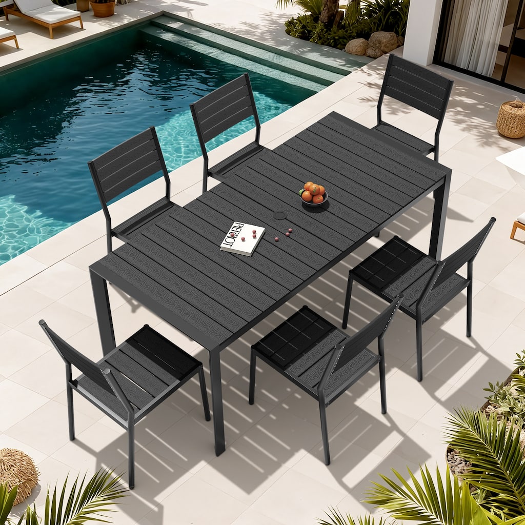 7-Piece Outdoor Patio Dining Set Wood Like Table Top Aluminum Rectangular Umbrella Hole Table with Stackable Chairs