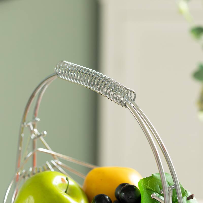 2 Tier Metal Fruit Holder Swing Basket for Kitchen Detachable Countertop Vegetables Storage Organizer with Display Hammock Stand