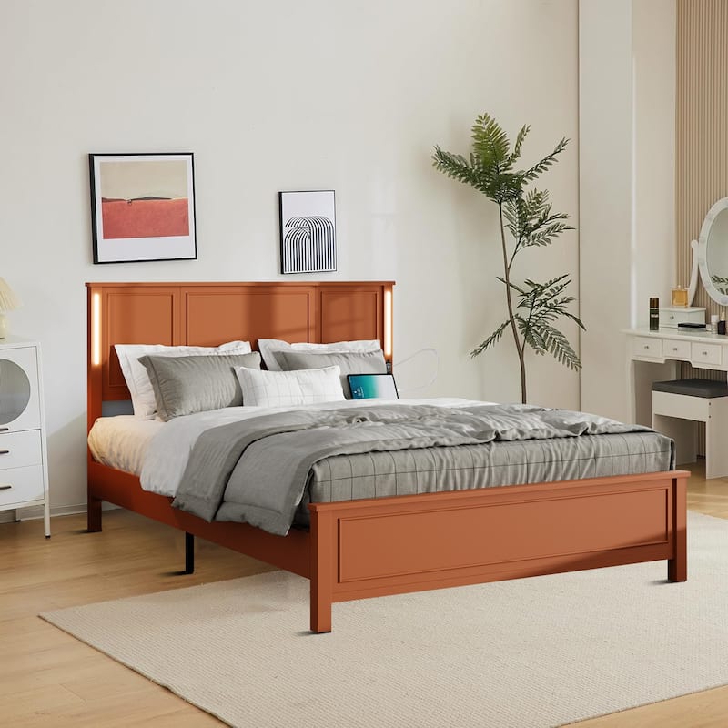 Modern style bed frame with LED light headboard and charging port, wooden slats for bedroom guest room hotel apartment - Antique Brown