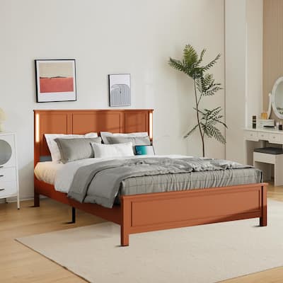 Modern style bed frame with LED light headboard and charging port, wooden slats for bedroom guest room hotel apartment