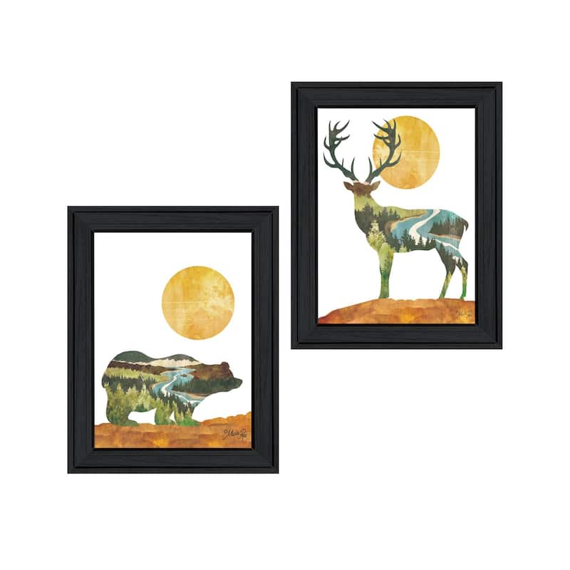 Trendy Decor 4U "Bear & Deer with Mirrored Image of a Forest in Side View" Printed Framed Wall Art by Marla Rea - Charcoal - 15 x 19